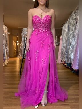 Strapless Hot Pink Embellished Evening Gown